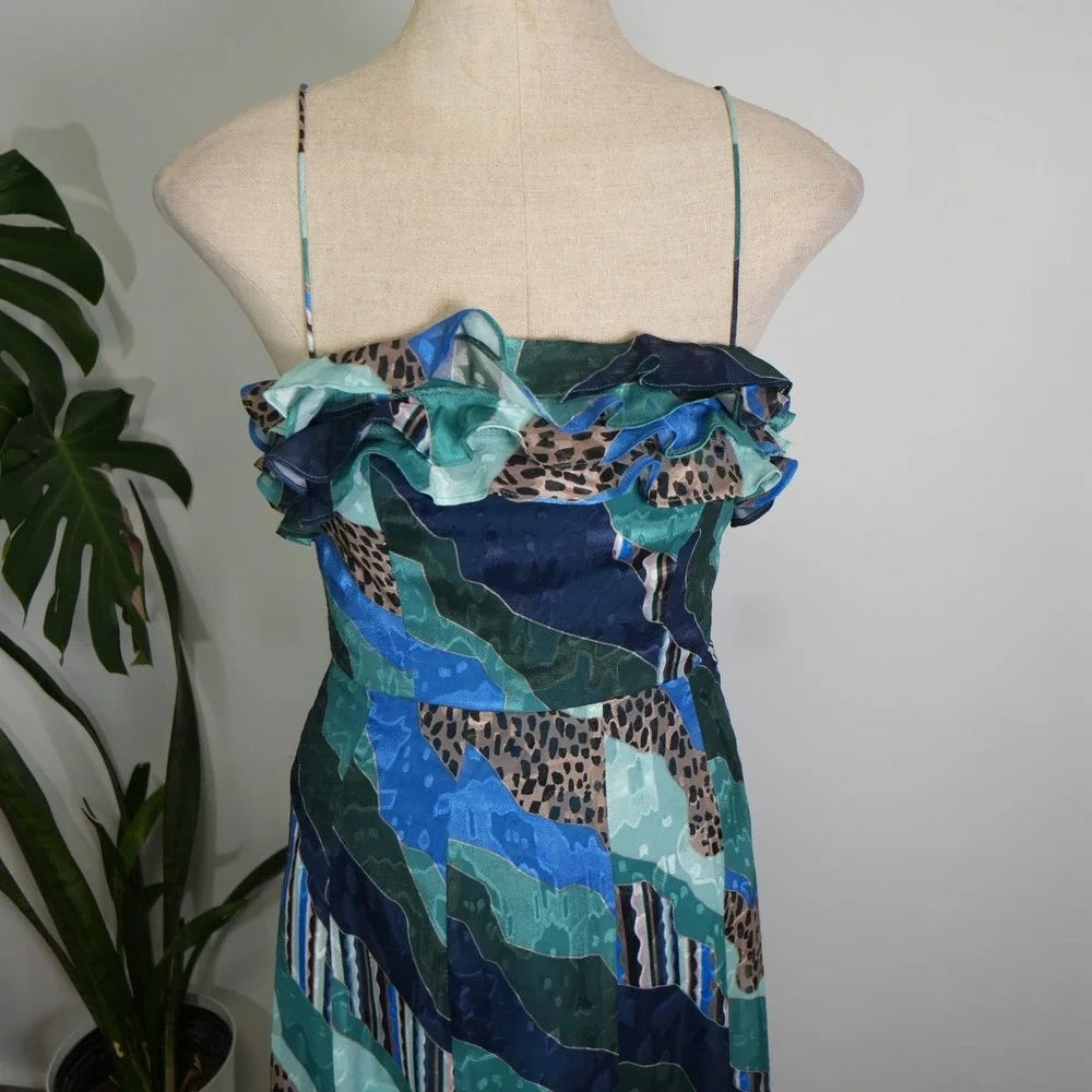 Hutch Maxi Dress 00 Blue Teal Abstract Leopard Ruffle Spaghetti Strap 10247